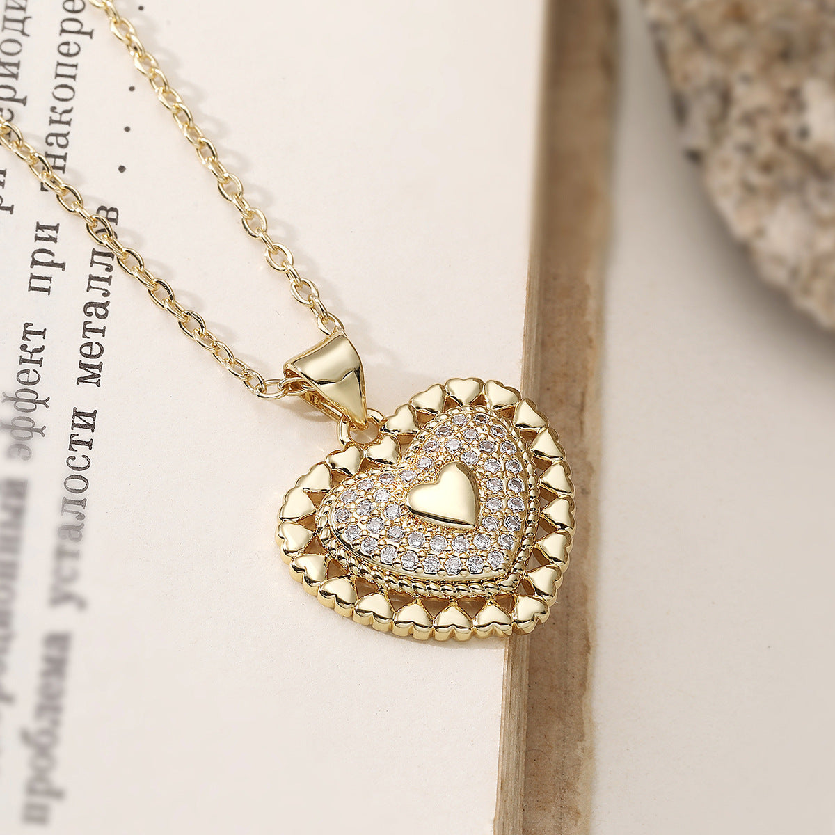 Minimalist 18K Gold Plated Brass Heart Pendant Necklace with Cubic Zirconia for Women