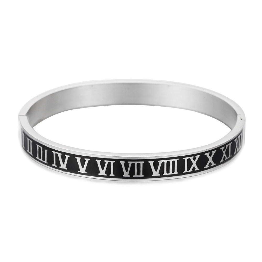 Black Drip Oil Plated Titanium Steel Cuff Bracelet with Roman Numbers and Geometric Round Design for Unisex