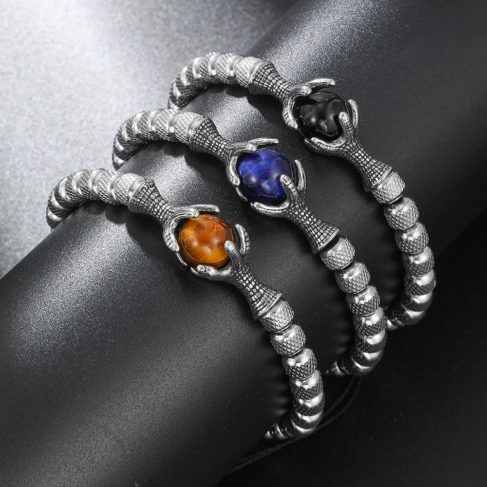 Geometric Titanium Steel Dragon Claw Braided Adjustable Bracelet with Natural Tiger's Eye Stone