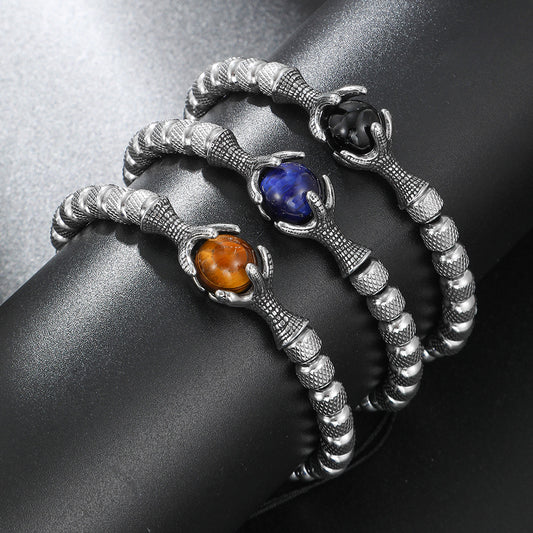 Geometric Titanium Steel Dragon Claw Braided Adjustable Bracelet with Natural Tiger's Eye Stone
