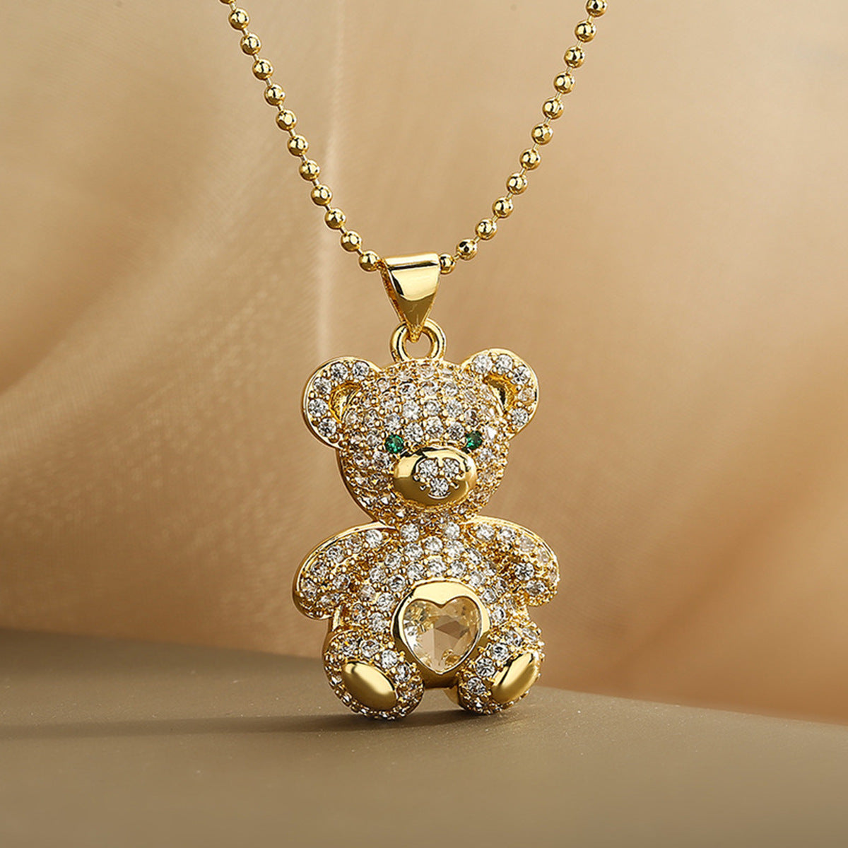 Minimalist 18K Gold Plated Brass Cubic Zirconia Bear Pendant Necklace for Women