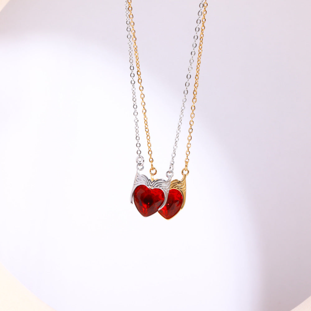Personalized Heart-Shaped Stainless Steel Pendant Necklace with Zircon Inlay on O-Chain for Women