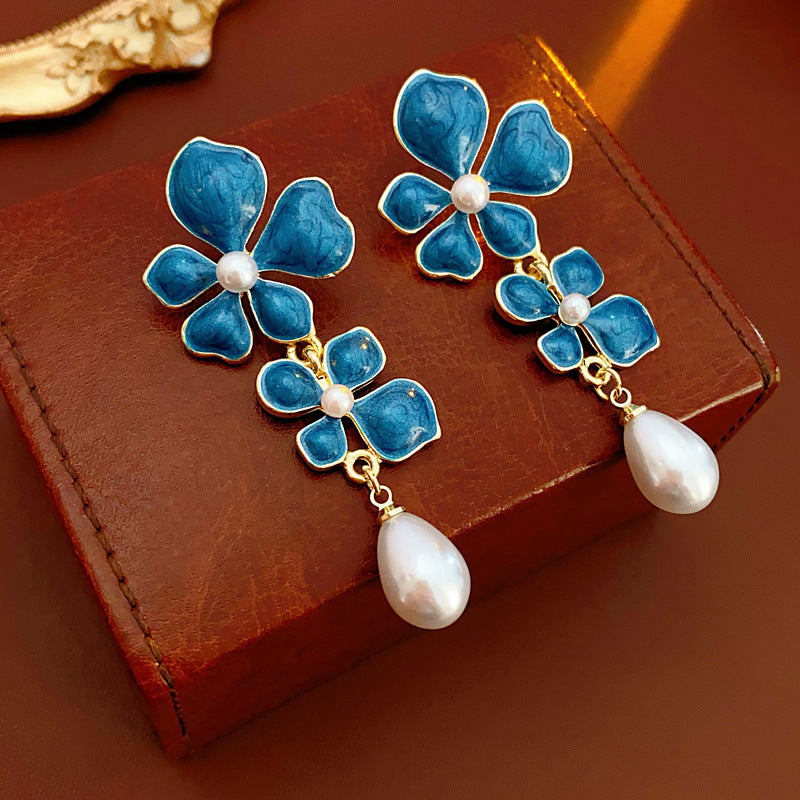 Orecchini Vintage da Donna con Perle a Fiori, Finitura Smaltata in Lega con Perni in Acciaio Inossidabile