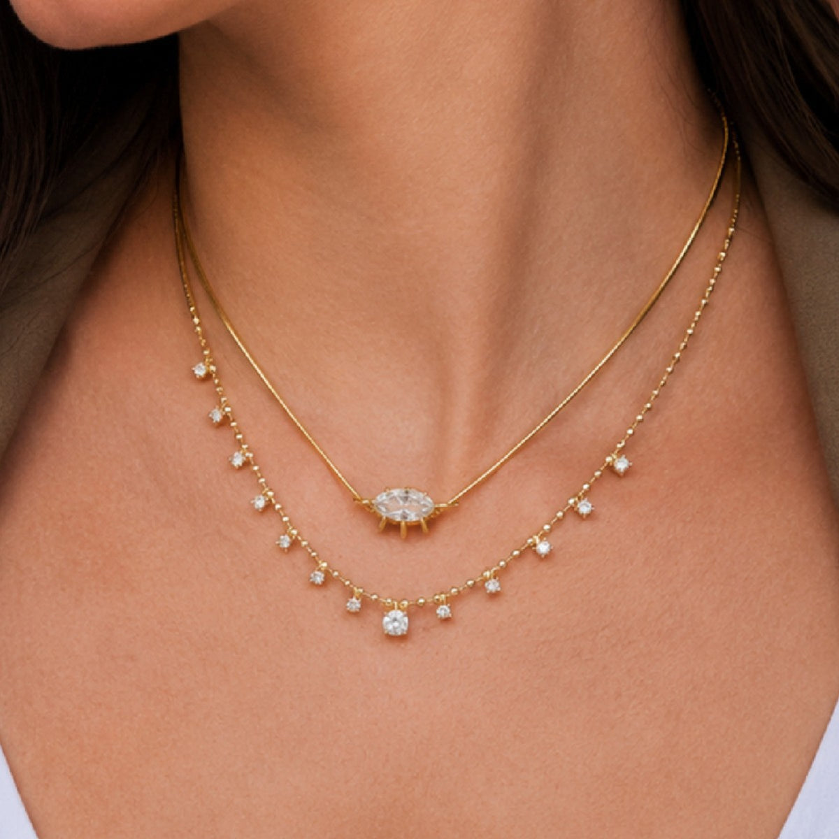 Minimalist Luxury 18K Gold Plated Stainless Steel Square Marquise Rhinestone Pendant Necklace for Women