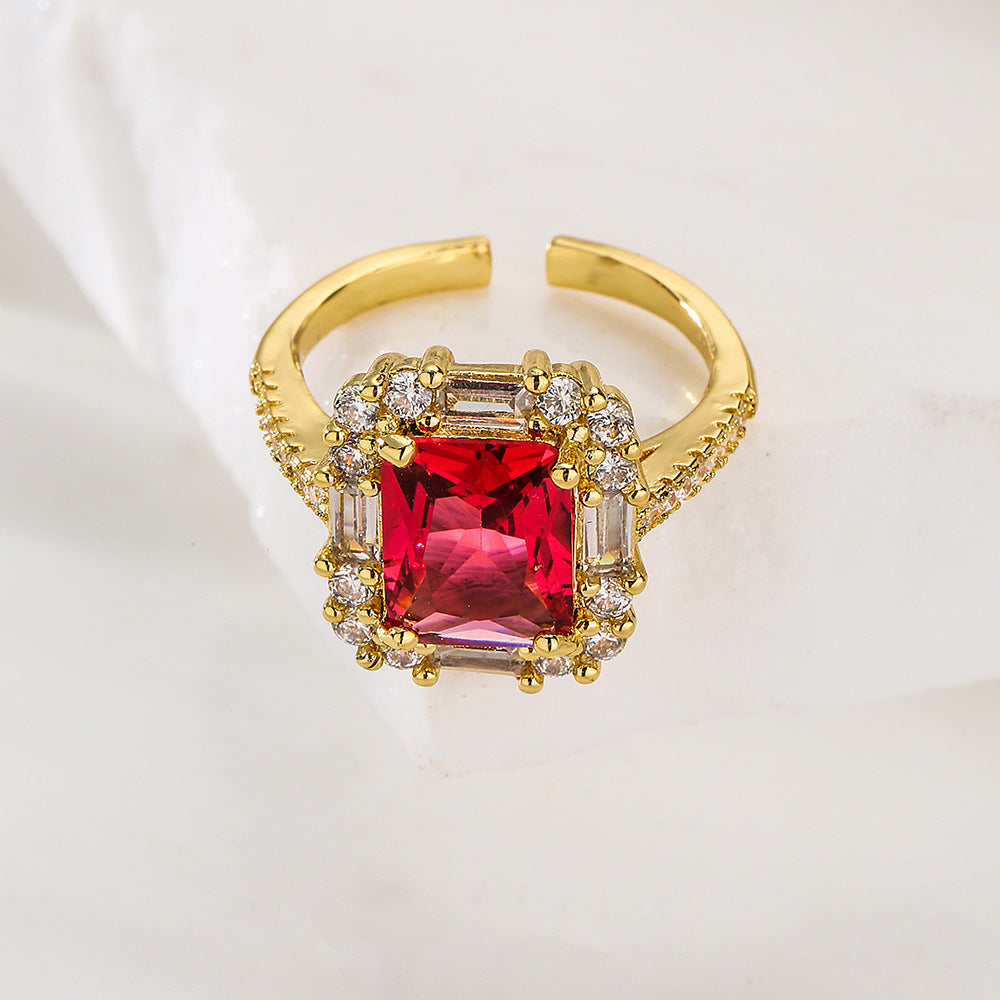Minimalist Geometric Copper Ring with 18K Gold Plating and Zircon Inlay for Women
