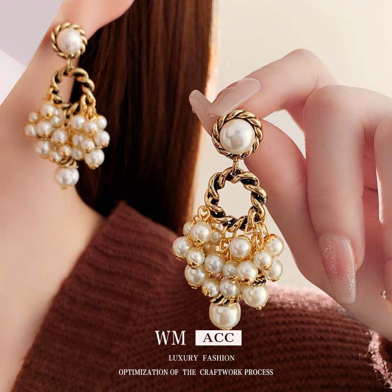 Vintage-Style Geometric Pearl Dangle Earrings with Oxidized Finish in Alloy and 925 Sterling Silver Posts