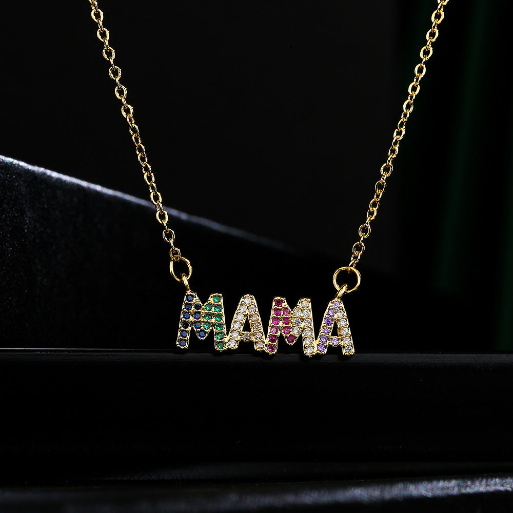 European Style Geometric MAMA Pendant Necklace 18K Gold Plated Copper with Cubic Zirconia for Women