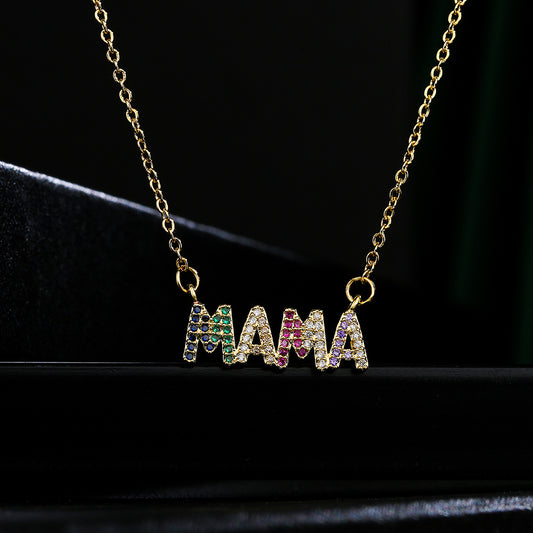 European Style Geometric MAMA Pendant Necklace 18K Gold Plated Copper with Cubic Zirconia for Women