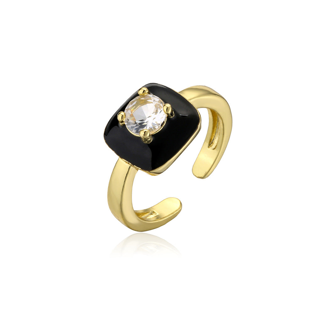 Gold Plated Brass Square Ring with Cubic Zirconia Inlay and Drip Oil Detail for Women