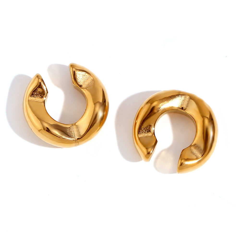 Minimalist Geometric Stainless Steel Ear Clips with 18K Gold Plating Thick C-Shaped Cutout Design for Women