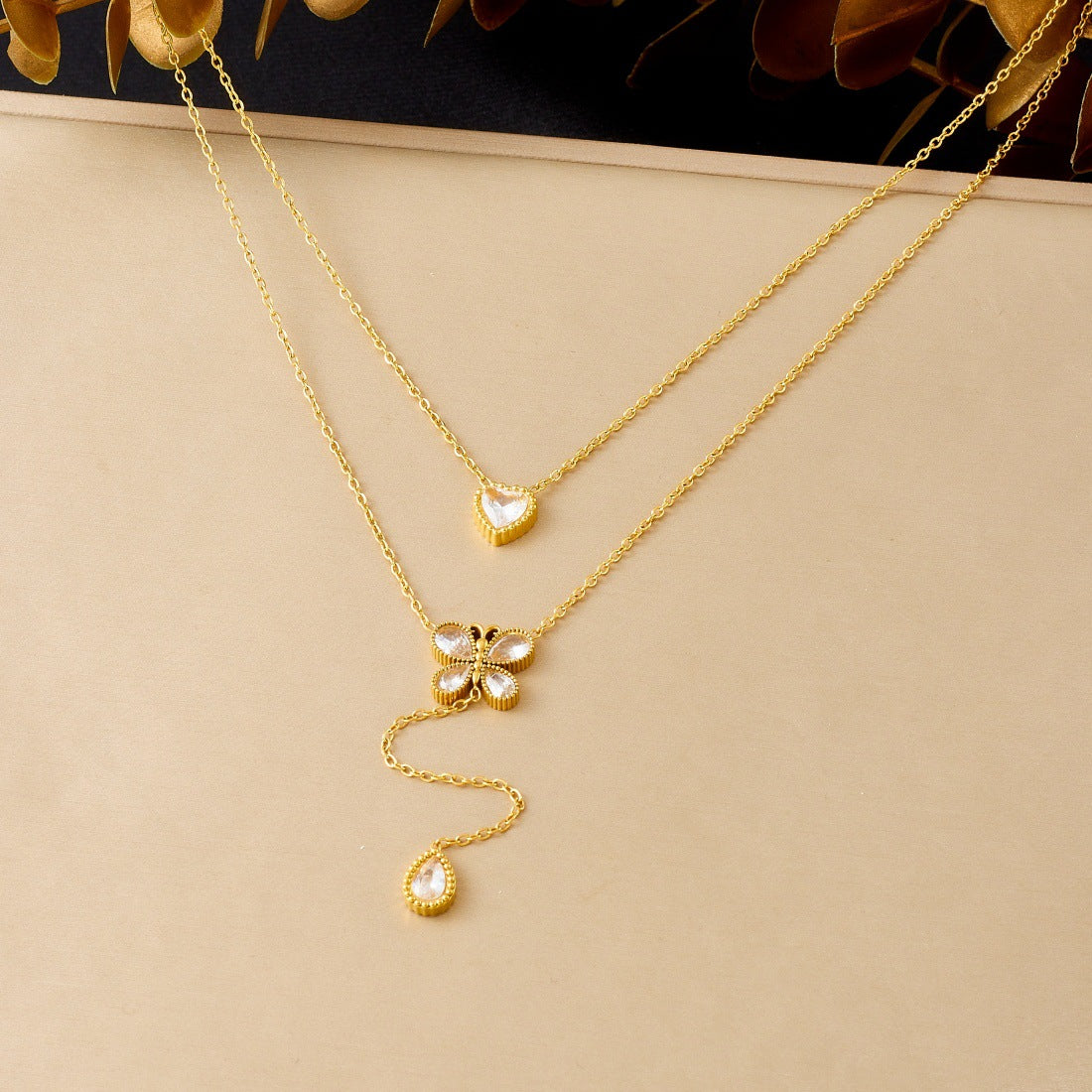 Minimalist Gold Plated Stainless Steel Heart Butterfly Rhinestone Pendant Necklace for Women