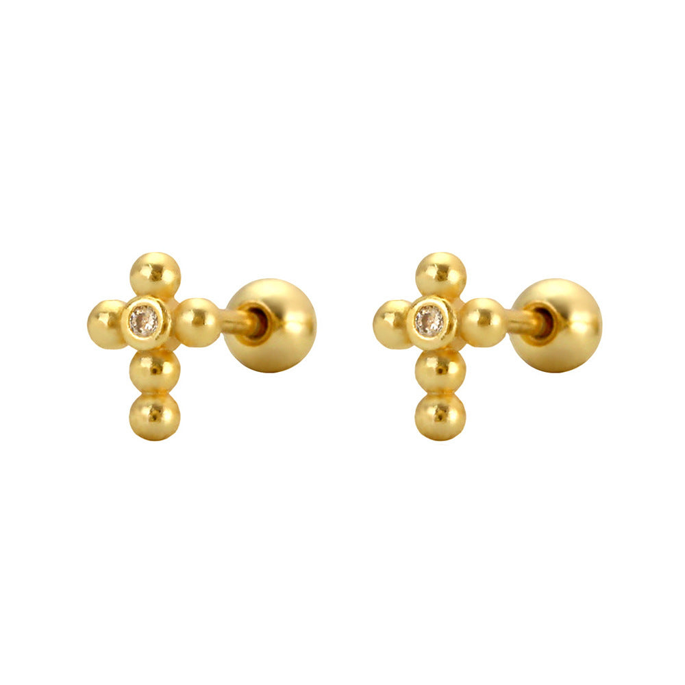 Sweet Punk 925 Sterling Silver Cross Plated Rhinestone Threaded Stud Earrings
