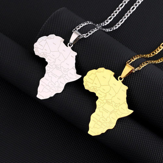 Collana pendente minimalista a forma di mappa africana in acciaio inossidabile con charm in acciaio al titanio e finitura galvanizzata, unisex