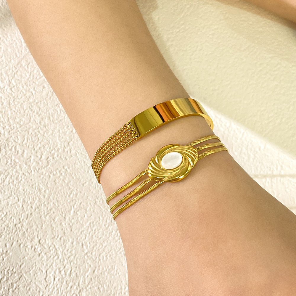 Bracciale geometrico in acciaio inossidabile con placcatura in oro 18 carati e intarsio in conchiglia naturale, gioielli minimalistici alla moda per donne e uomini