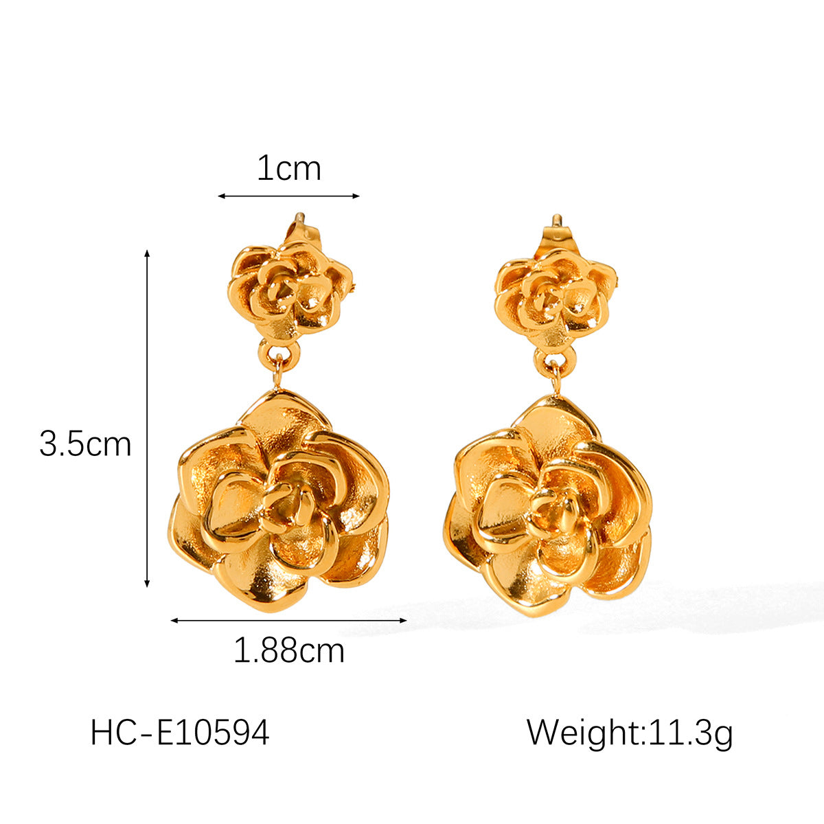 Fashionable 18K Gold Plated Stainless Steel Rose Flower Stud Earrings for Women