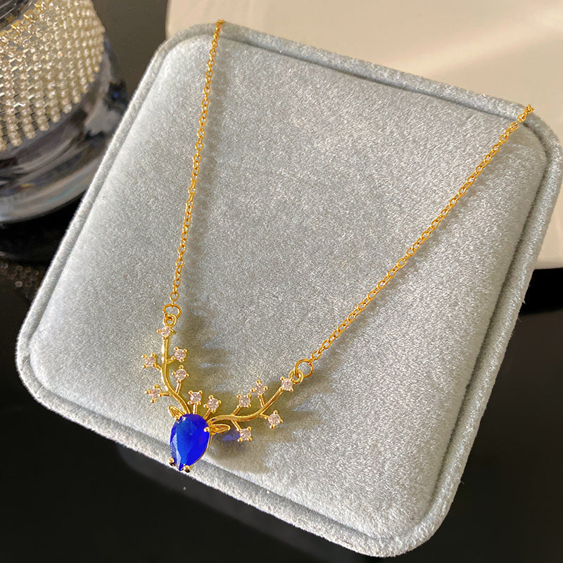 Vintage Gold Plated Brass Deer Pendant Cubic Zirconia Necklace on Titanium Steel Cable Chain