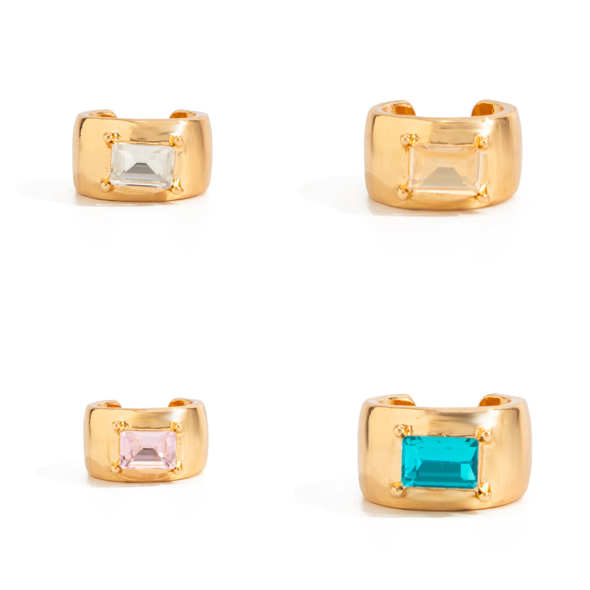 Punk Luxury Geometric Square Rhinestone Plated Zinc Alloy C-Shaped Clip-On Earrings for Women
