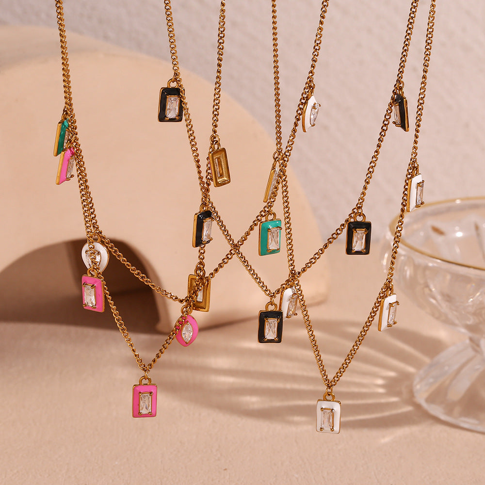 Fashionable Geometric Rectangular Stainless Steel Gold-Plated Pendant Necklace with Zircon Inlay and Enamel Finish for Women