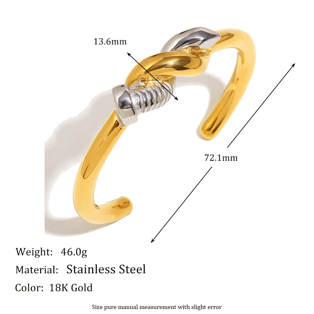 Twisted Screw Knot Open Bangle Bracelet in Stainless Steel with 18K Gold Plating for Women