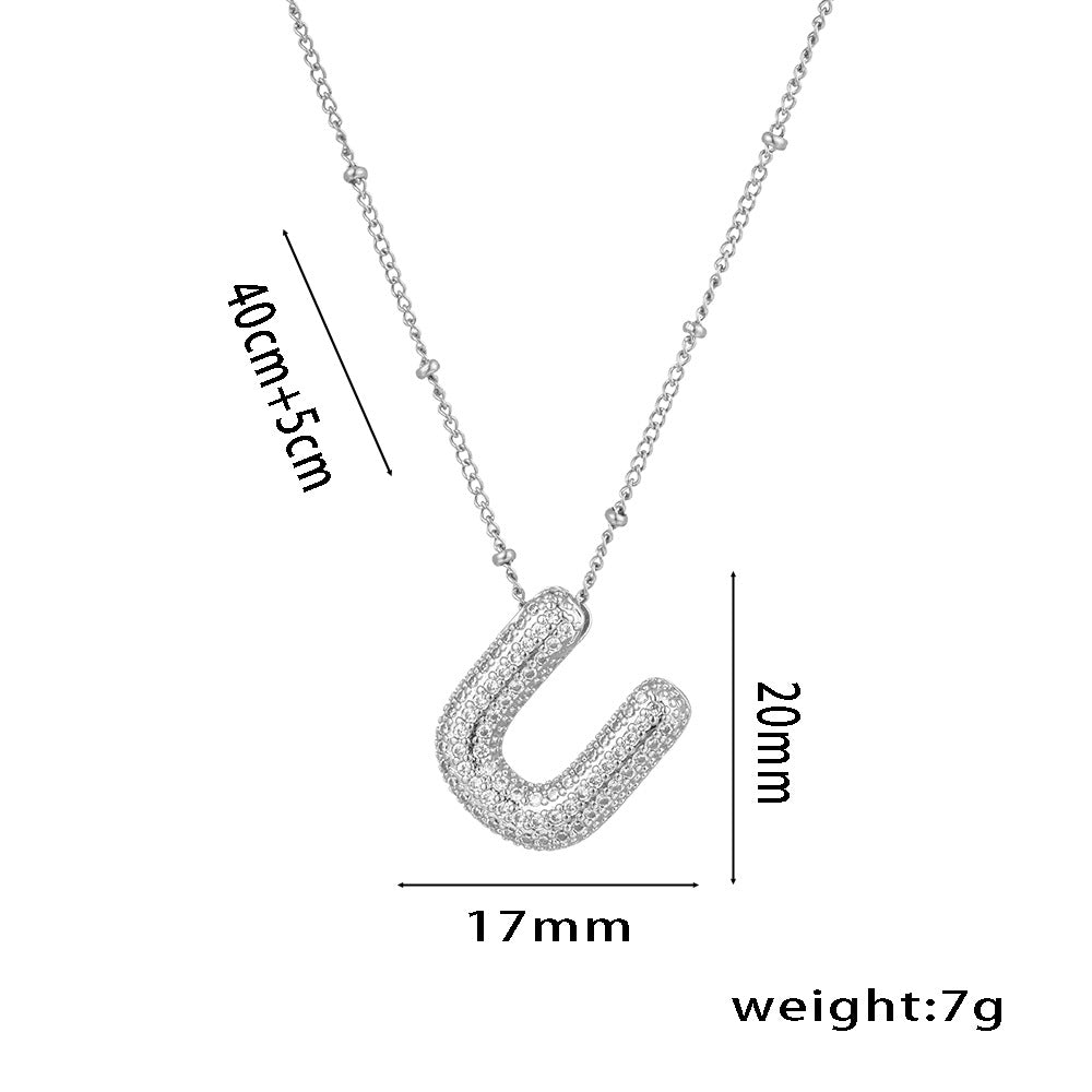 Minimalist Geometric Letter Pendant Necklace in Titanium Steel with Rhinestone Inlay and White Gold Plating on Snake Chain for Women
