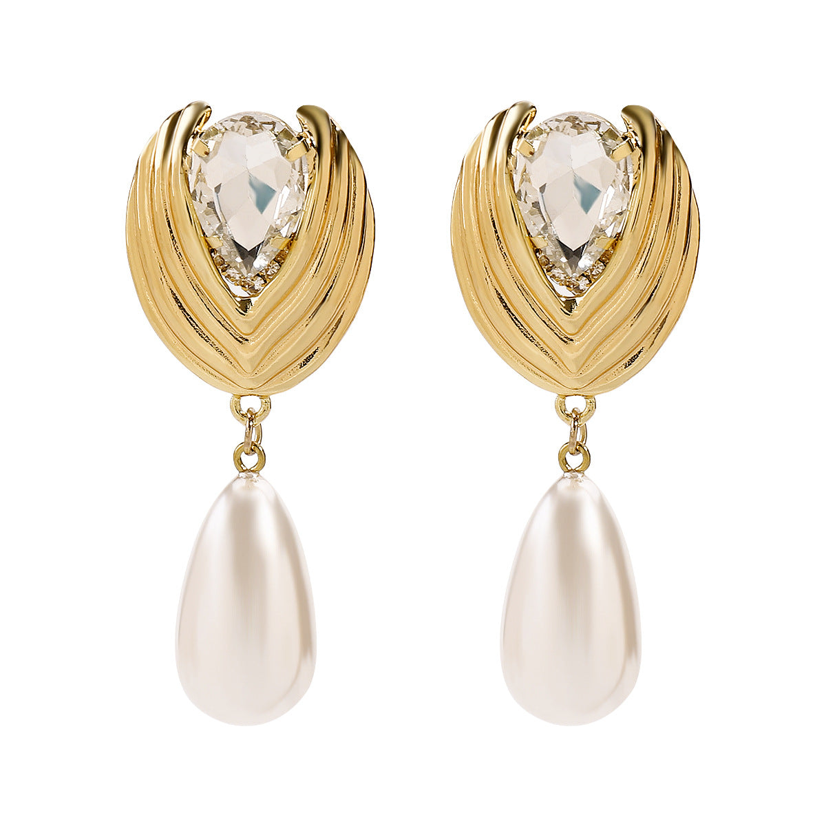 Pendientes colgantes geométricos elegantes de aleación con incrustaciones de pedrería y acentos de perlas lustrosas para mujer