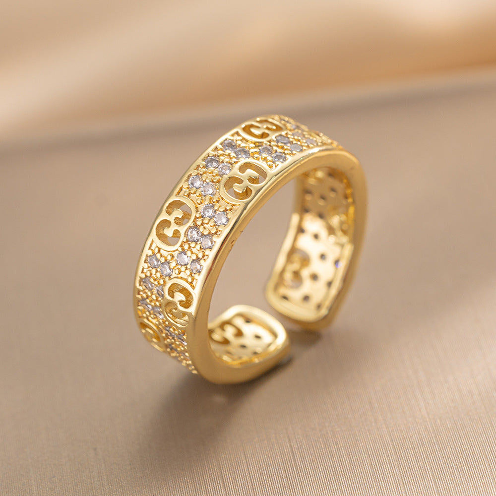 Luxury Minimalist Adjustable Open Ring for Women with Gold-Plated Copper Band and Zircon Stone Accent in Heart and Floral Shape