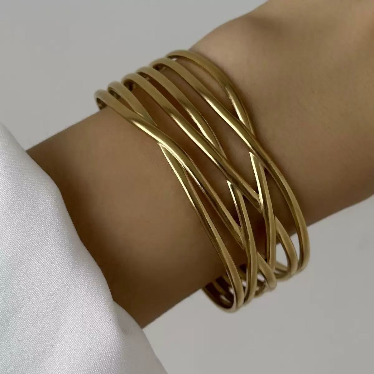 Fashion Geometric Textured Wave Pattern Plated Stainless Steel Wide Open Cuff Bracelet for Women