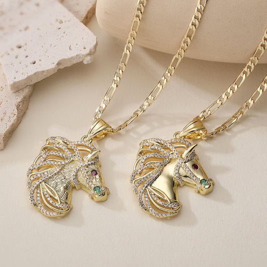 Minimalist Hip-hop 18K Gold Plated Brass Cubic Zirconia Horse Pendant Necklace for Women