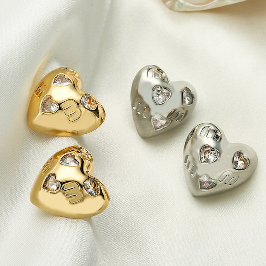 Fashionable Heart-Shaped Copper Earrings with Real Gold Plating and Zircon Inlay for Women