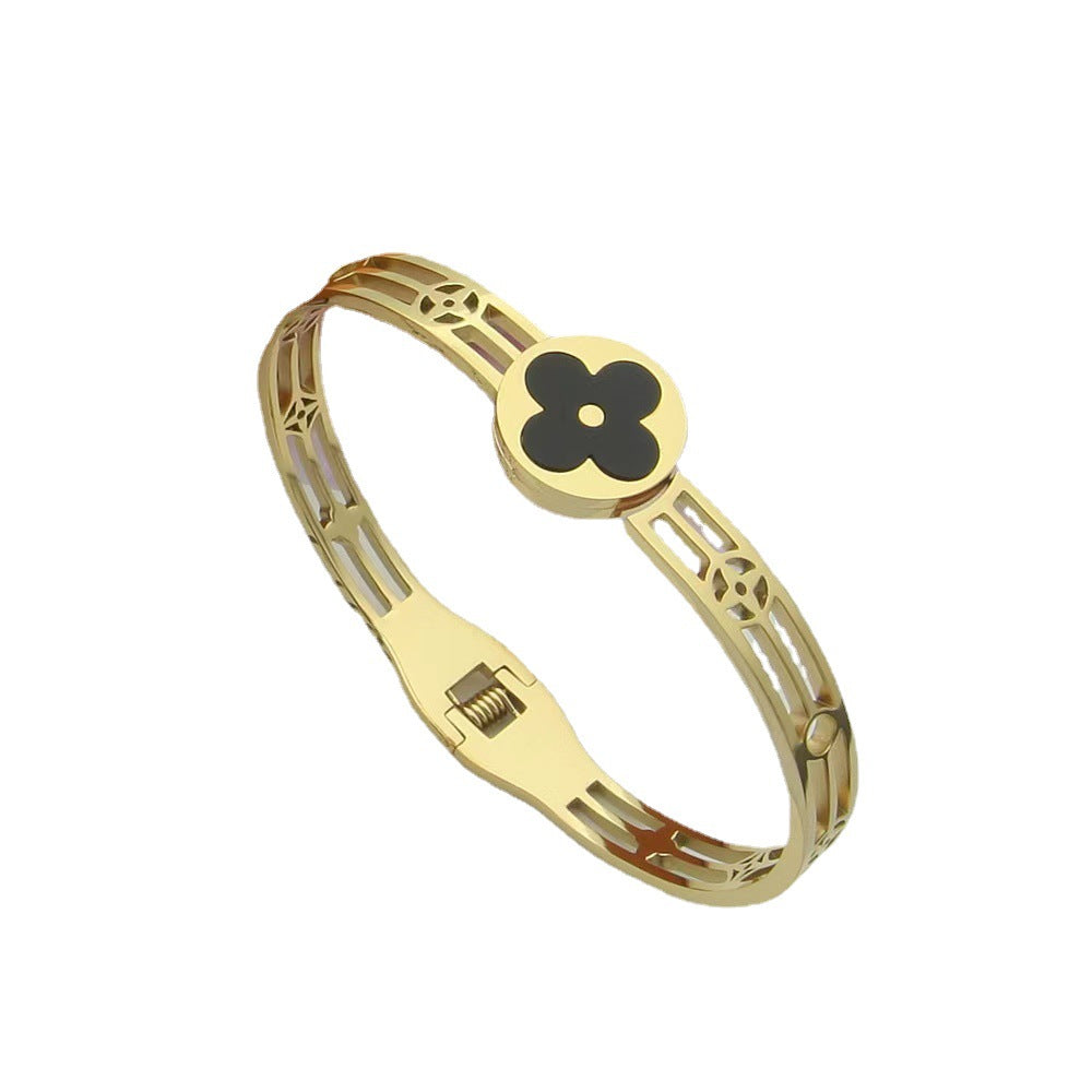 Luxury Style Four-Leaf Clover Shaped Titanium Steel Bracelet with Hollow-Out Design and White Shell Inlay for Women