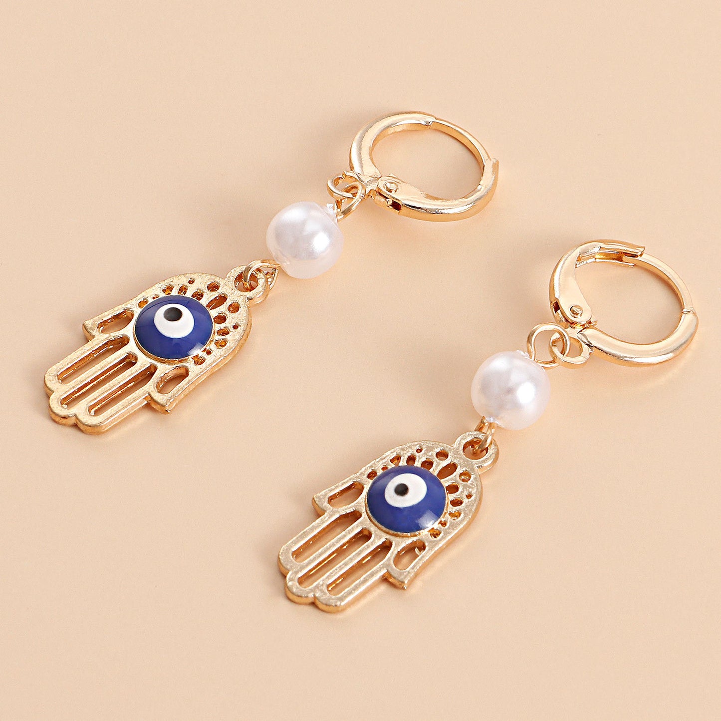 Fashionable Evil Eye Hand Palm Pearl Earrings for Women Alloy Electroplated Geometric Design