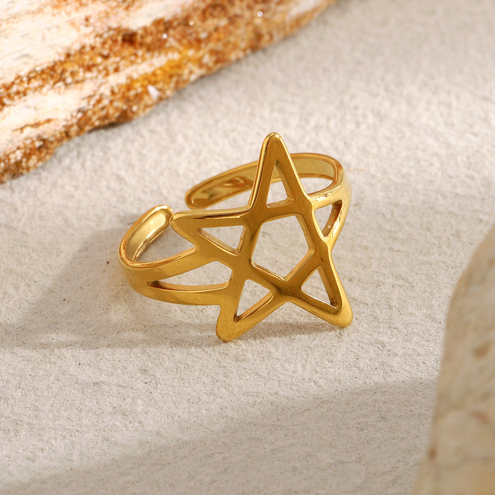 Anello Creativo a Stella in Acciaio Inossidabile Placcato Oro 18K da Donna, Design Casual e alla Moda