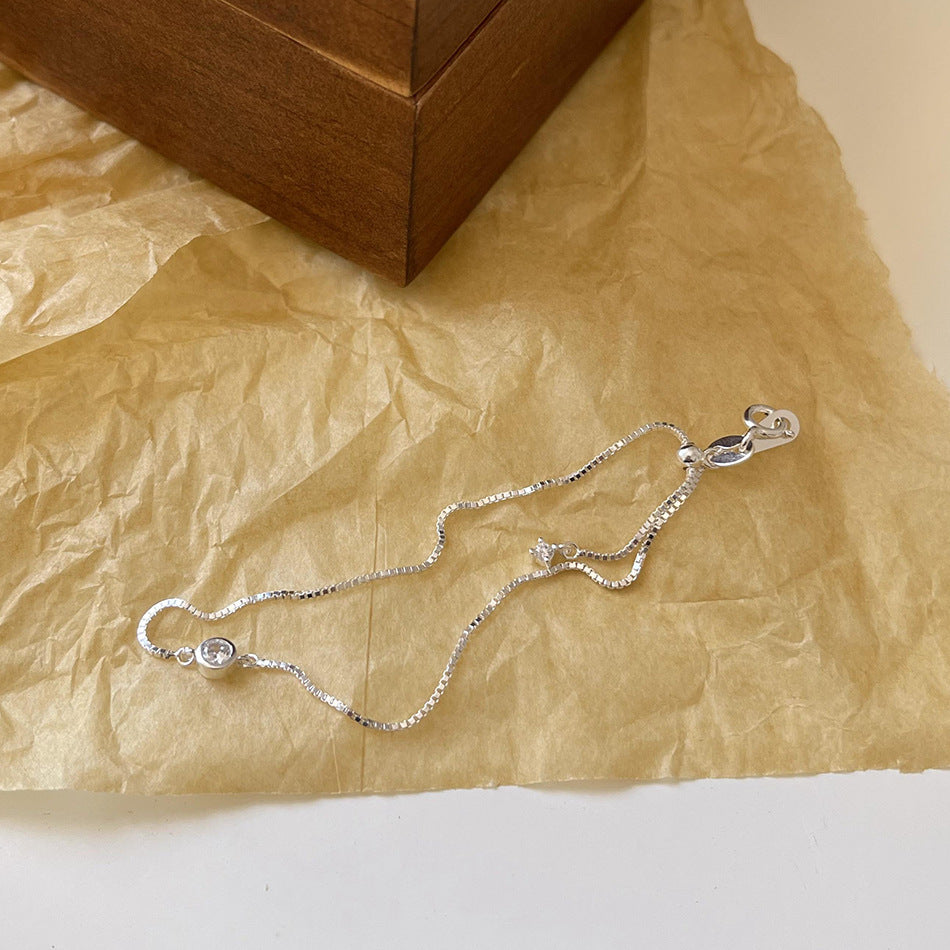 Minimalist Sweet 925 Sterling Silver Geometric Box Chain Adjustable Bracelet for Women