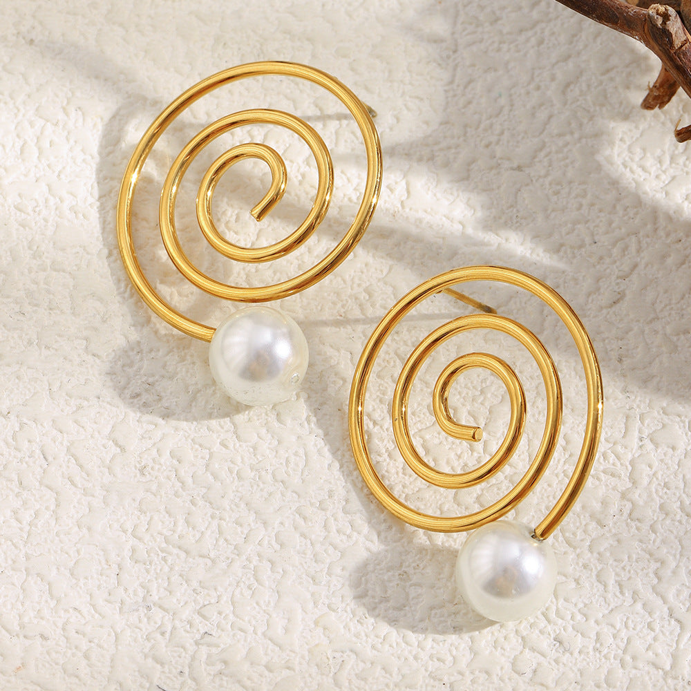 Orecchini da Donna a Perno Minimalisti Geometrici a Spirale Placcati Oro 18K in Acciaio Inossidabile con Perla