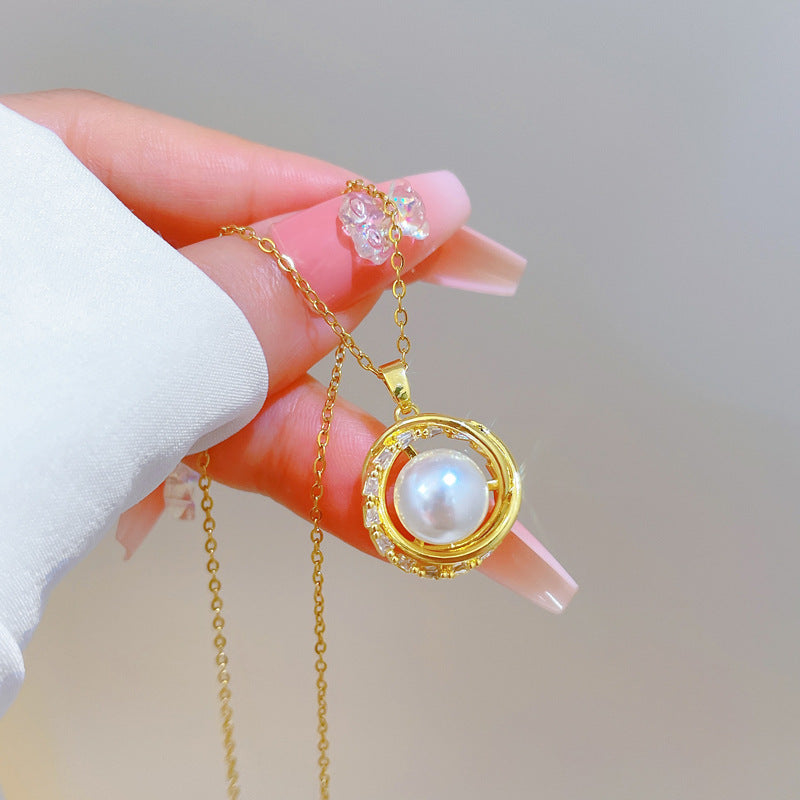 Sweet Geometric Rotating Bird Nest Pearl Rhinestone Necklace Titanium Steel Cable Chain for Women