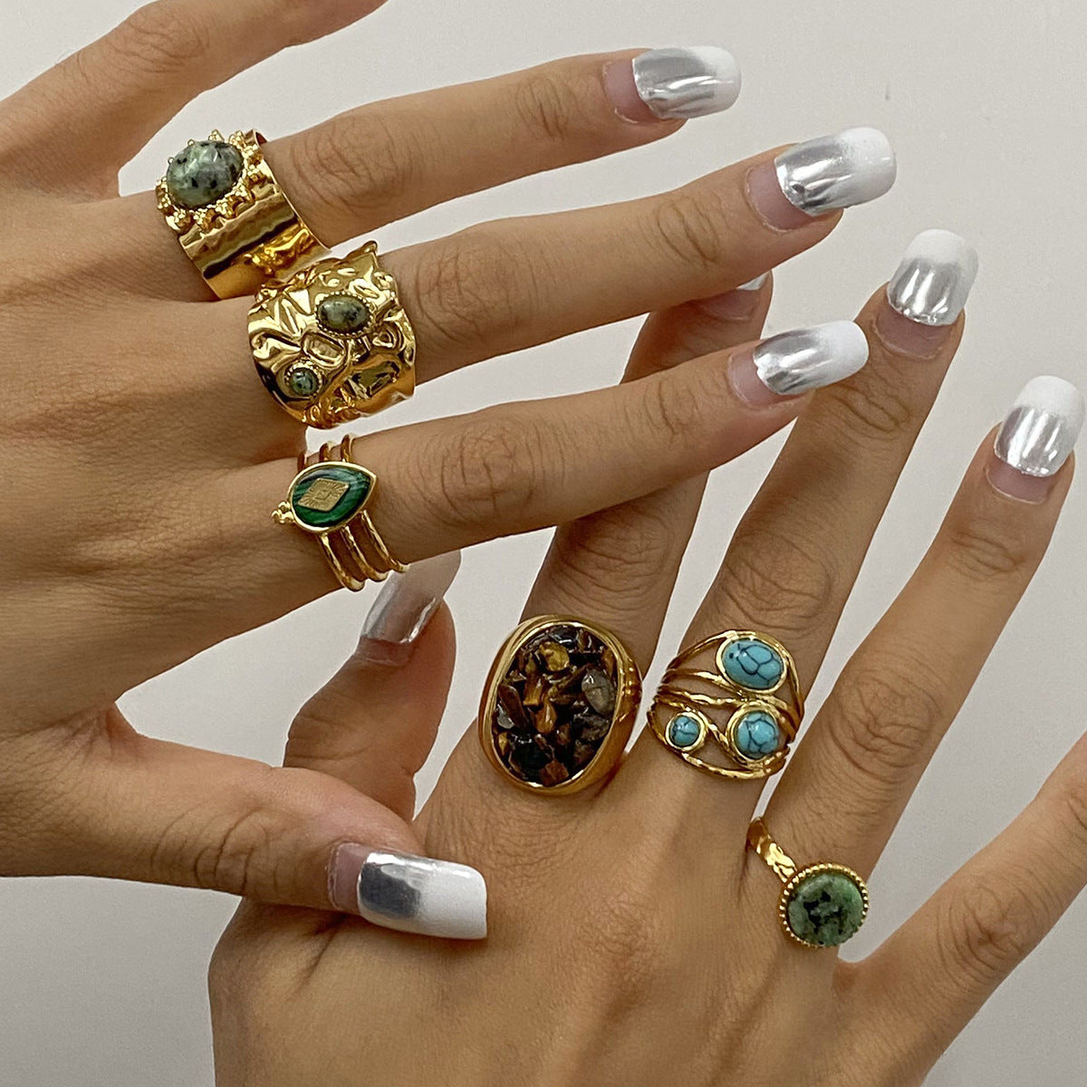 Anillo de acero inoxidable geométrico con incrustaciones de piedra turquesa para mujer, anillo de moda minimalista electrochapado