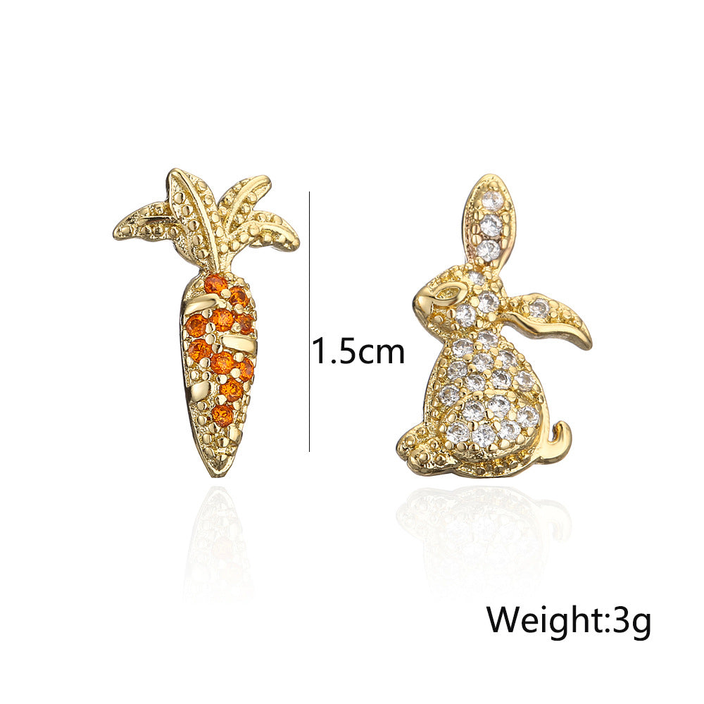 Cute Rabbit and Carrot Shape Stud Earrings in Copper with 18K Gold Plating and Zircon Inlay