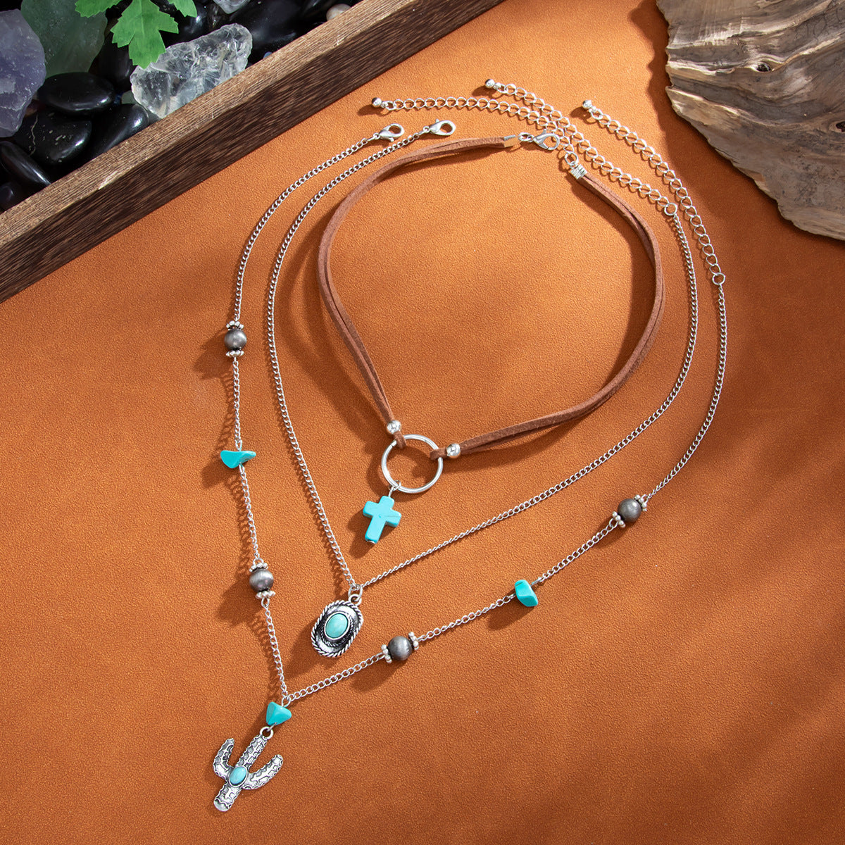 Bohemian Vintage Ethnic Round Turquoise Inlay Alloy Plated Necklace with Tassel for Women