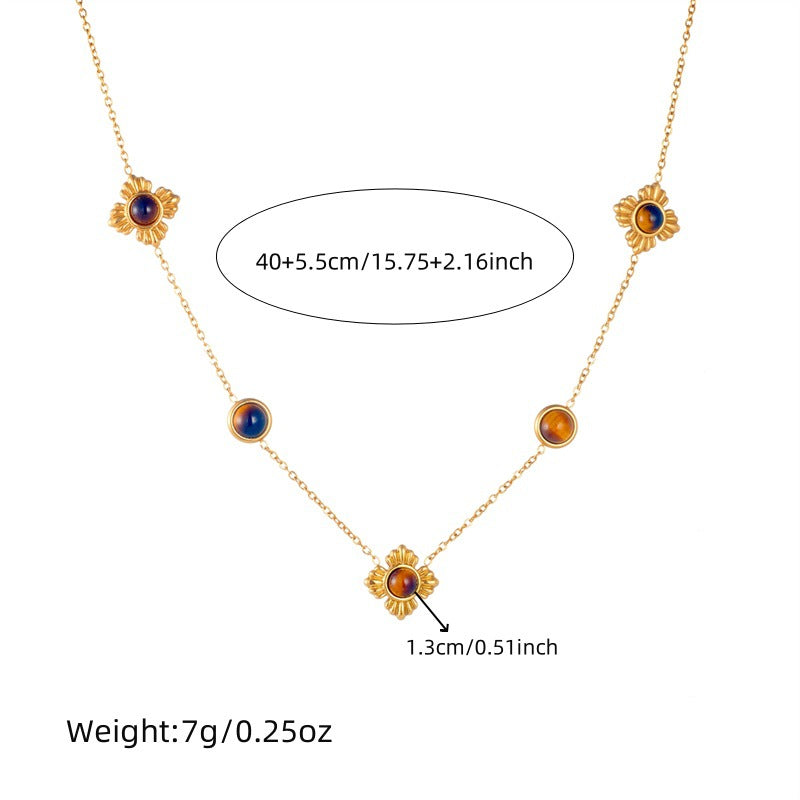 Fashion Gold Plated Stainless Steel Floral Tiger Eye Agate Necklace and Bracelet Set for Women