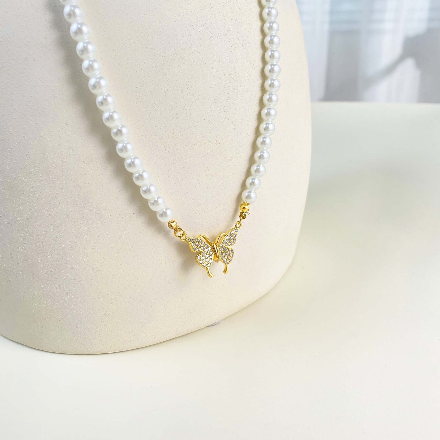 Minimalist Butterfly Pendant Necklace in Titanium Steel with 18K Gold Plating and Magnetic Clasp, Pearl-Style Chain