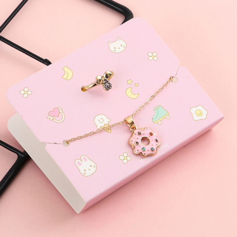 Conjunto de collar y anillo de unicornio de dibujos animados para niños, joyería de aleación con acabado de esmalte, collares y anillos infantiles con forma de animal