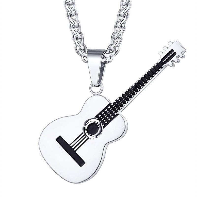 Natural Style Geometric Guitar Pendant Necklace for Unisex in Stainless Steel with Polished Titanium Steel Charm