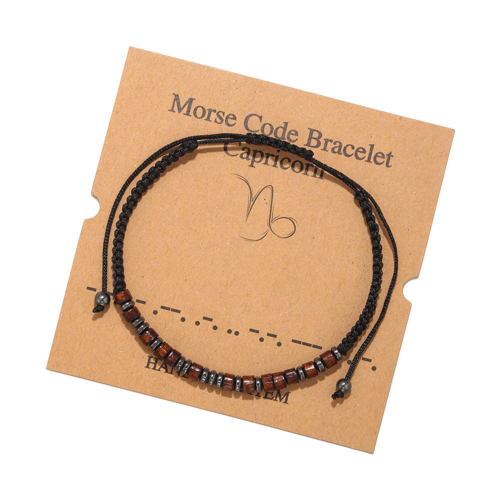 Morse Code Zodiac Wood Beaded Bracelet Round Geometric Unisex