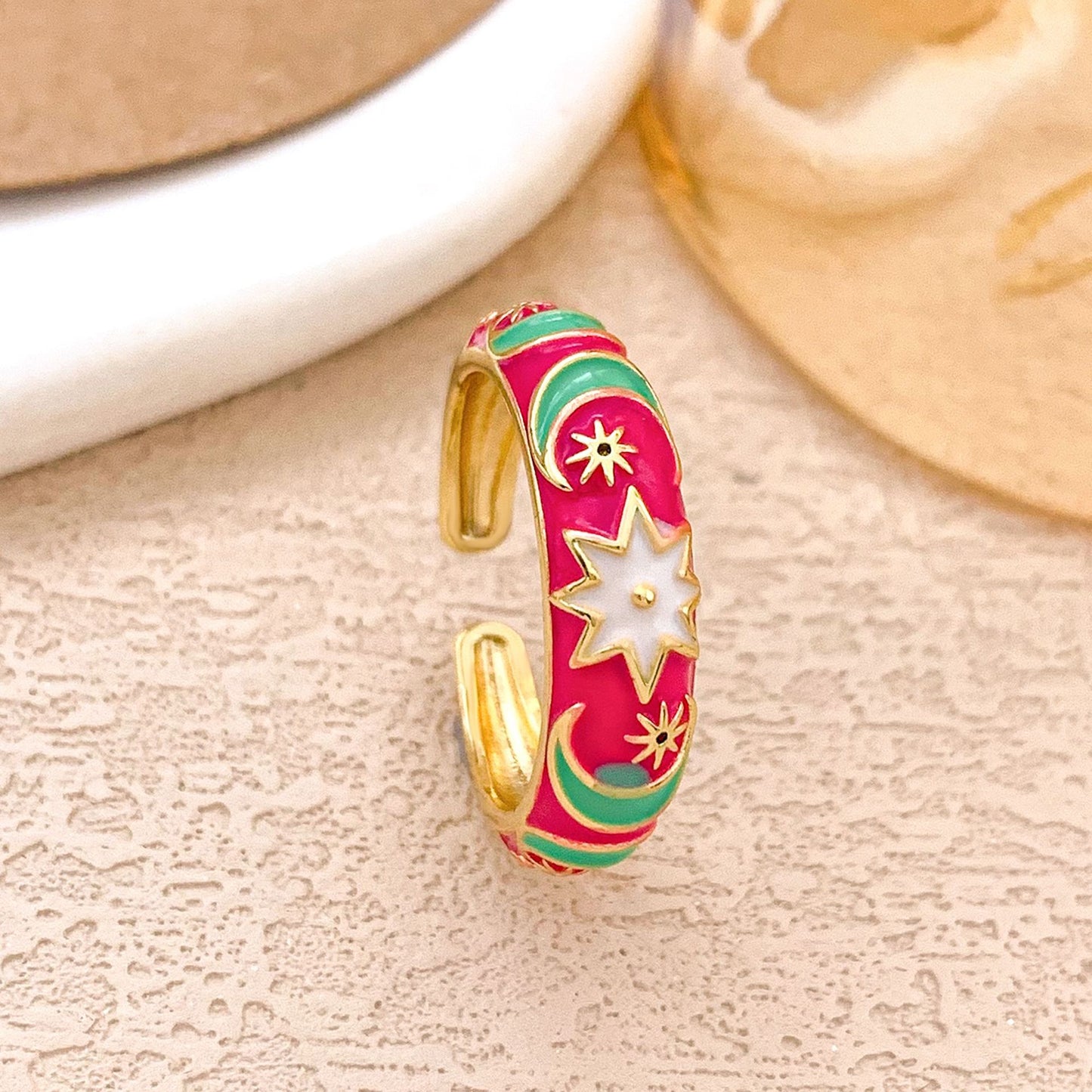 Sweet Alloy Gold Plated Drip Oil Round Oval Ring with Polka Dot Evil Eye Design for Women