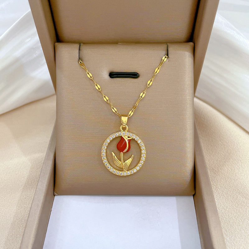 Collana con ciondolo a rosa geometrico floreale, dolce e di lusso, in acciaio al titanio per unisex