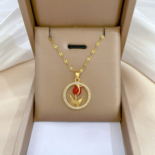 Luxury Sweet Geometric Floral Rose Pendant Necklace Titanium Steel Chain for Unisex