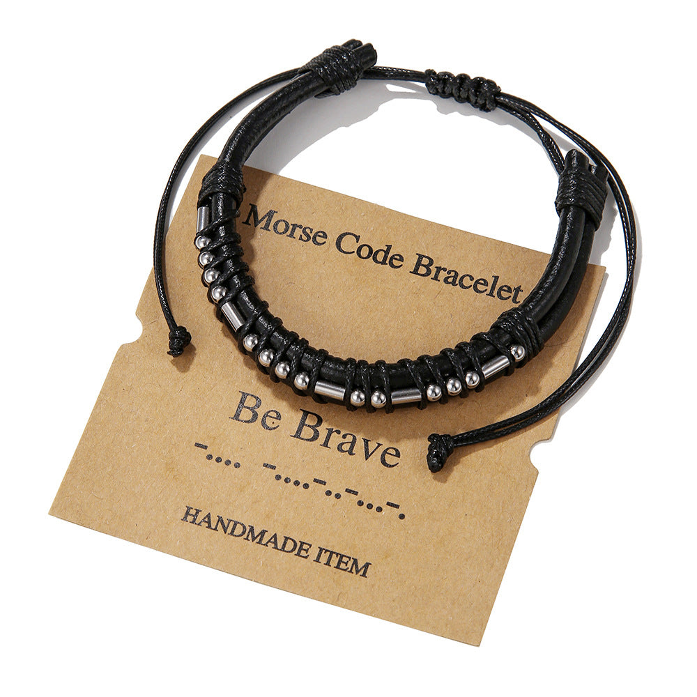 Morse Code Letter Number Stainless Steel Leather Bracelet Unisex