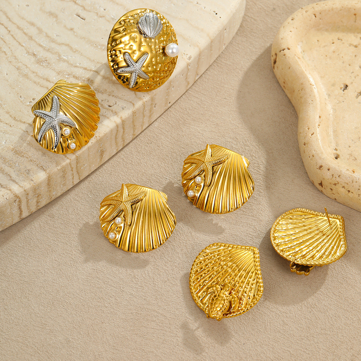 Fashionable Ocean-Inspired Stainless Steel Earrings with Shell and Starfish Motifs for Women