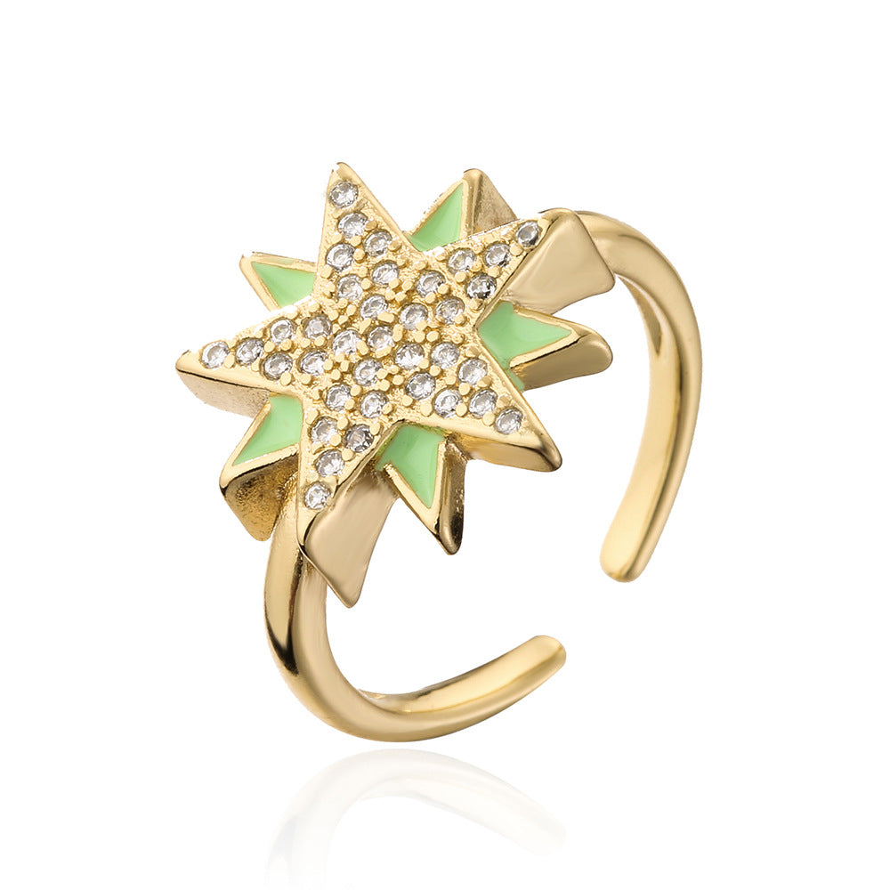 Cartoon Style Geometric Open Star Ring for Women in Copper with 18K Gold Plating and Cubic Zirconia Inlay