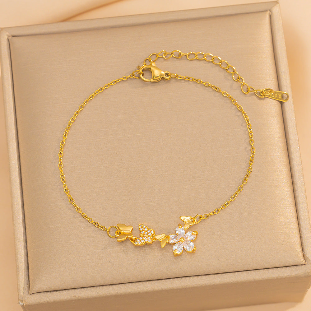 Bracciale Minimalista con Foglia Floreale in Acciaio al Titanio con Intarsi di Strass per Donna, Gioielleria di Lusso Placcata Ipoallergenica da Mano
